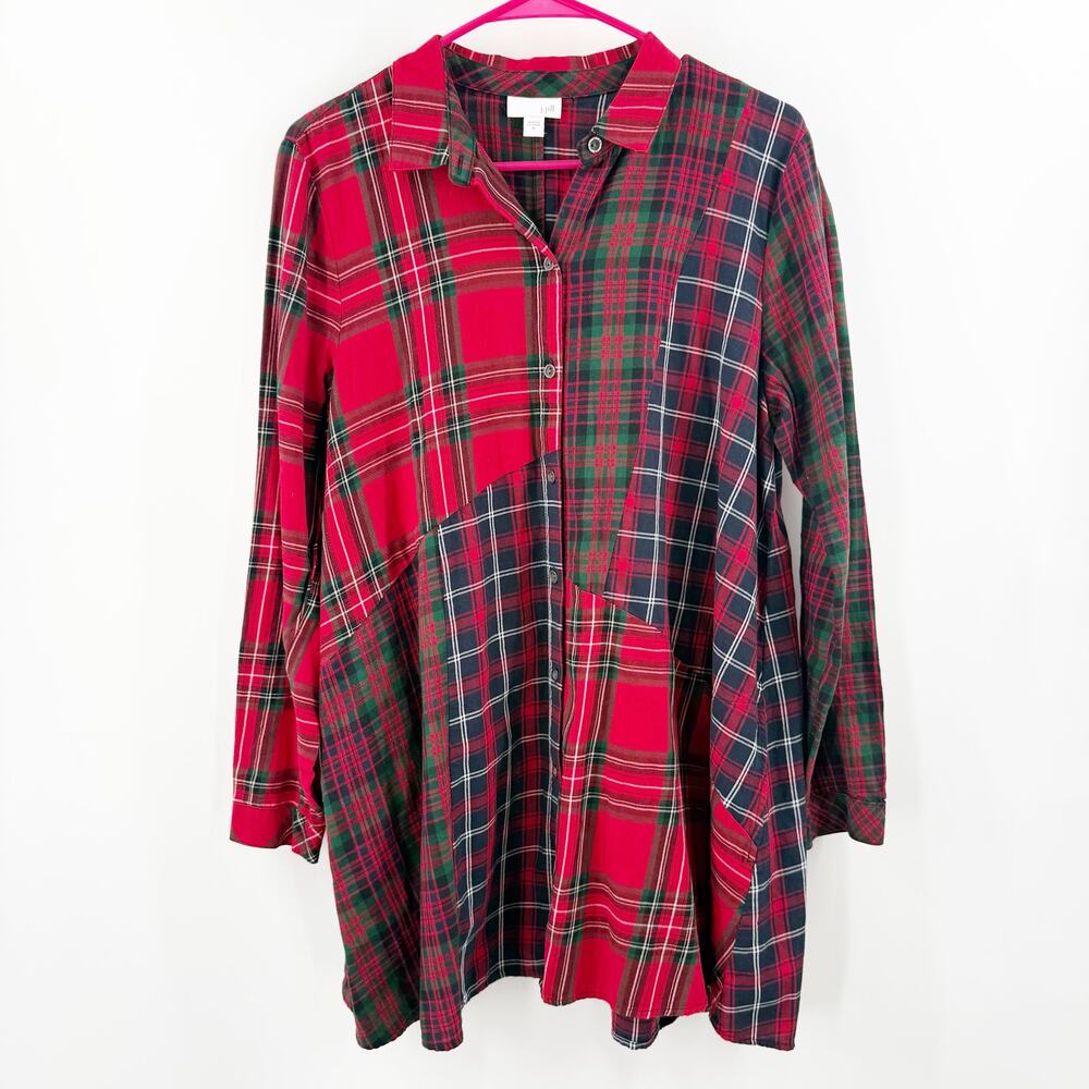 J. Jill Tunic Top Womens Medium Patchwork True Red Multi Button Down Swing Plaid